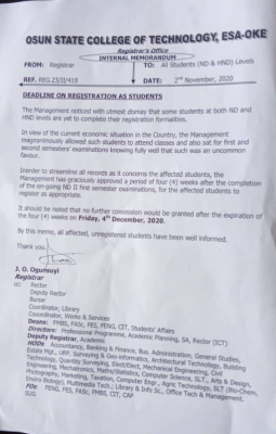 Osun State College of Technology notice on course registration deadline for 2019/2020