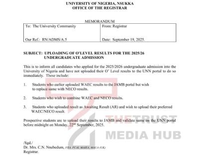 UNN notice on uploading of O'Level results for admission
