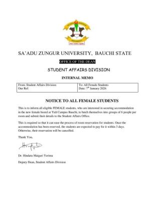 Sa'adu Zungur University notice to female students on accomodation