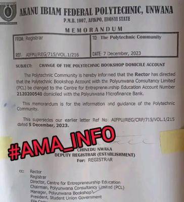 Akanu Ibiam Poly notice on change of Polytechnic's Bookshop domicile account