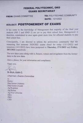 Federal Poly, Oko notice on postponement of exams