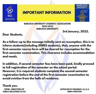 Babcock University Students' Association update on resumption