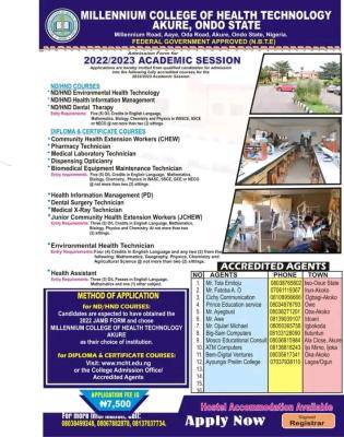 Millennium College of Health Tech. HND, Diploma, Cert. admission forms for 2022/2023