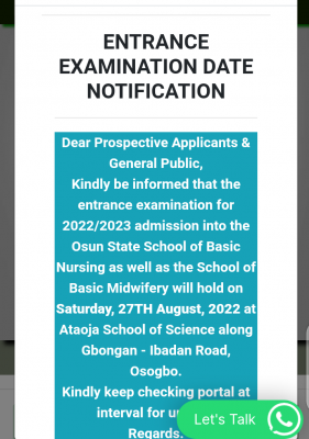 Osun State School of Nursing entrance exam date, 2022