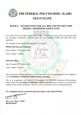 Ilaro Poly notice to 2020/2021 HND and ND part-time applicants on e-mock examination