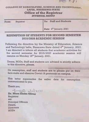 College of Agriculture, Science and Technology notice to students on resumption for 2nd semester for 2019/2020 session