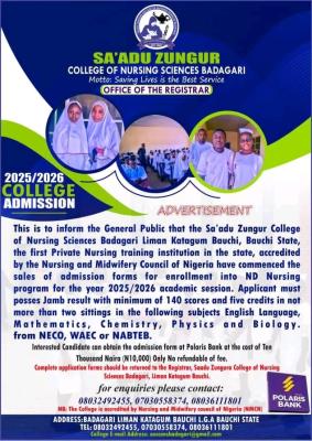 Sa'adu Zungur College of Nursing Sciences Badagari releases ND Nursing form, 2025/2026