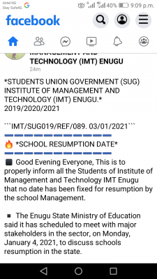Institute Of Management And Technology SUG notice on resumption