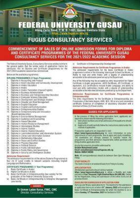 FUGUSAU Diploma and Certificate Admission, 2021/2022