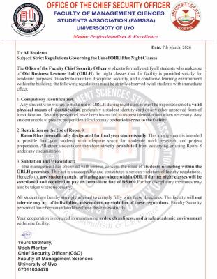 UNIUYO Faculty of Mgt. Sci Association notice on use of Old Business Lecture Hall for night classes