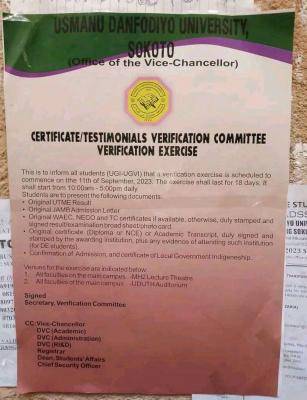 UDUS notice of certificate/testimonial verification exercise