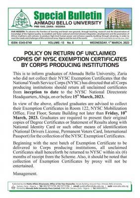 ABU notice on return of unclaimed copies of NYSC exemption certificates