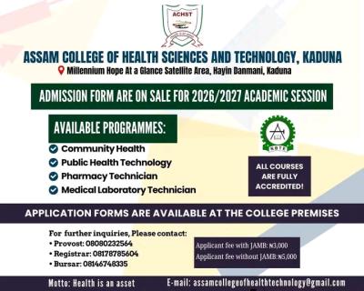 Assam College of Health Sciences & Tech. Kaduna Admission form, 2026/2027