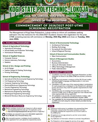 Kogi State Poly Post-UTME 2026: Cut off mark, Eligibility and Registration Procedures