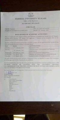 FUWukari announces resumption date