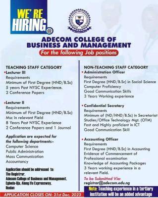 Adecom College of Business and Management announces vacancies