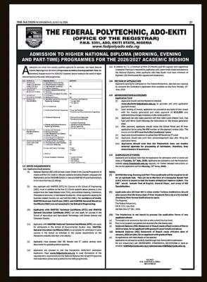 Federal Polytechnic, Ado-Ekiti HND (Full-time/Part-time) Admission form, 2026/2027