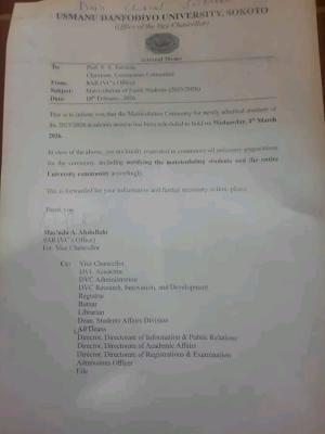 UDUS shifts Matriculation Ceremony, 2025/2026 session to March, 4