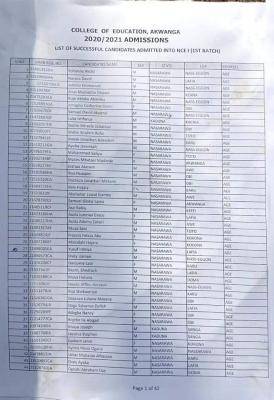 College of Education, Akwanga 1st Batch NCE admission list, 2020/2021