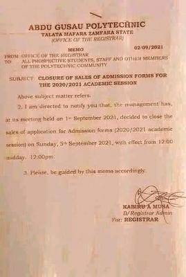 Abdul Gusau Polytechnic sales of form deadline, 2020/2021
