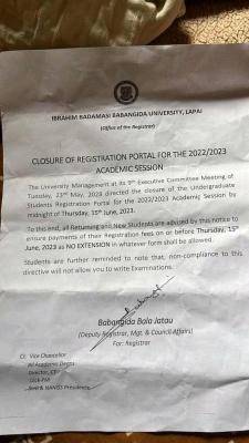 IBBU notice on closure of registration portal for 2022/2023 academic session