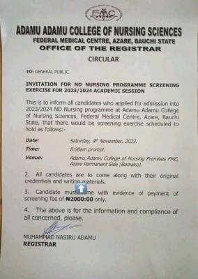 Adamu Adamu College of Nursing Sciences invitation for ND Nursing screening exercise, 2023/2024