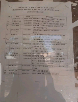 College of Education Waka-Biu revised academic calendar for 2019/2020 Session