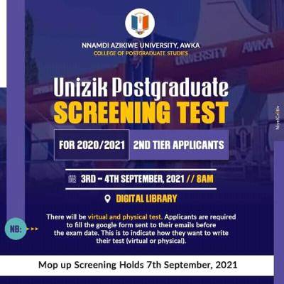 UNIZIK 2nd tier postgraduate screening test for 2020/2021 session