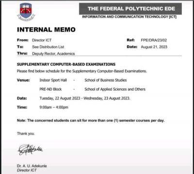 Fed Poly Ede notice of supplementary computer based examinations