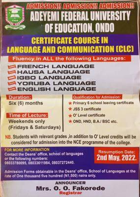ACEONDO admission into Certificate Courses in Languages