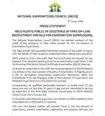 NECO alerts public of fake online recruitment portal for exam supervisors
