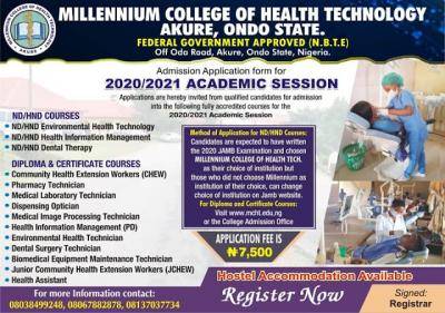 Millennium College of Health Tech HND, Diploma, cert. admission forms for 2020/2021