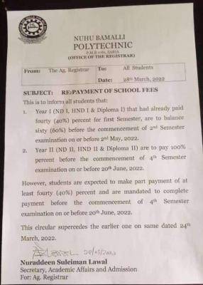 NUBAPOLY notice on payment of school fees