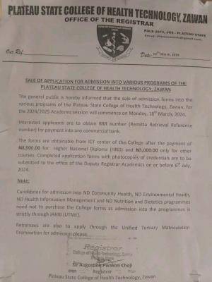 Plateau College of Health Tech, Zawan admission into various programs, 2024/2025