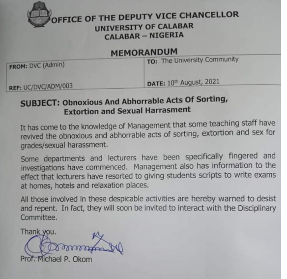 UNICAL accuses lecturers of encouraging 'cash-for-grades' as students are reportedly given scripts to write exams at home