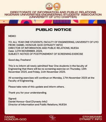 UNIUYO Faculty of Engineering update on screening of new students, 2025/2026