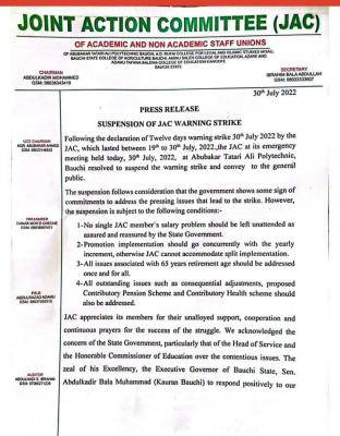 Bauchi State Higher Institutions JAC suspends warning strike