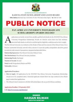 Pan African University Postgraduate Scholarship, 2022/2023