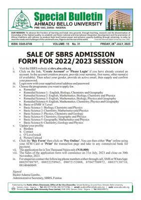 ABU, Zaria announces sales of SBRS Admission form