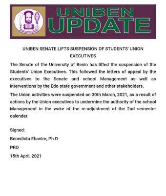 UNIBEN Senate lifts suspension of Students' Union Executives