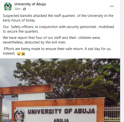 Four UNIABUJA staff alongside their children abducted by suspected bandits