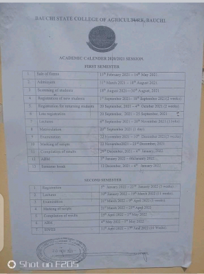 Bauchi State College of Agriculture academic calendar for 2020/2021 session