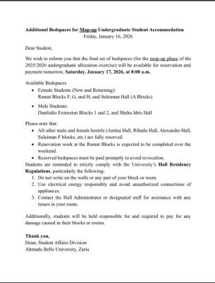 ABU notice on available bed spaces for the mop-up accommodation allocation exercise