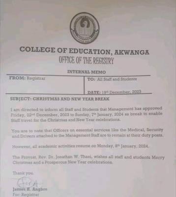 College of Education, Akwanga notice of Christmas & new year break