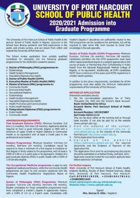 UNIPORT School of Public Health postgraduate admission form, 2020/2021