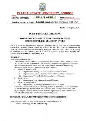 PLASU ends Post-UTME/DE registration, 2024/2025