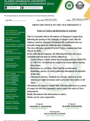 OOU SUG notice on Curfew and restriction of activities
