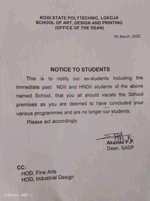 Kogi State Polytechnic notice to NDII ad HNDII students