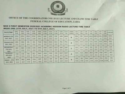 FCE, Zaria radio lecture timetable for NCE II students
