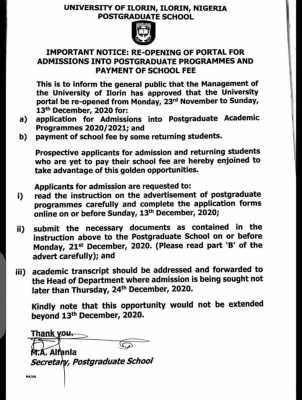 UNILORIN re-opens portal for postgraduate application and school fees payment